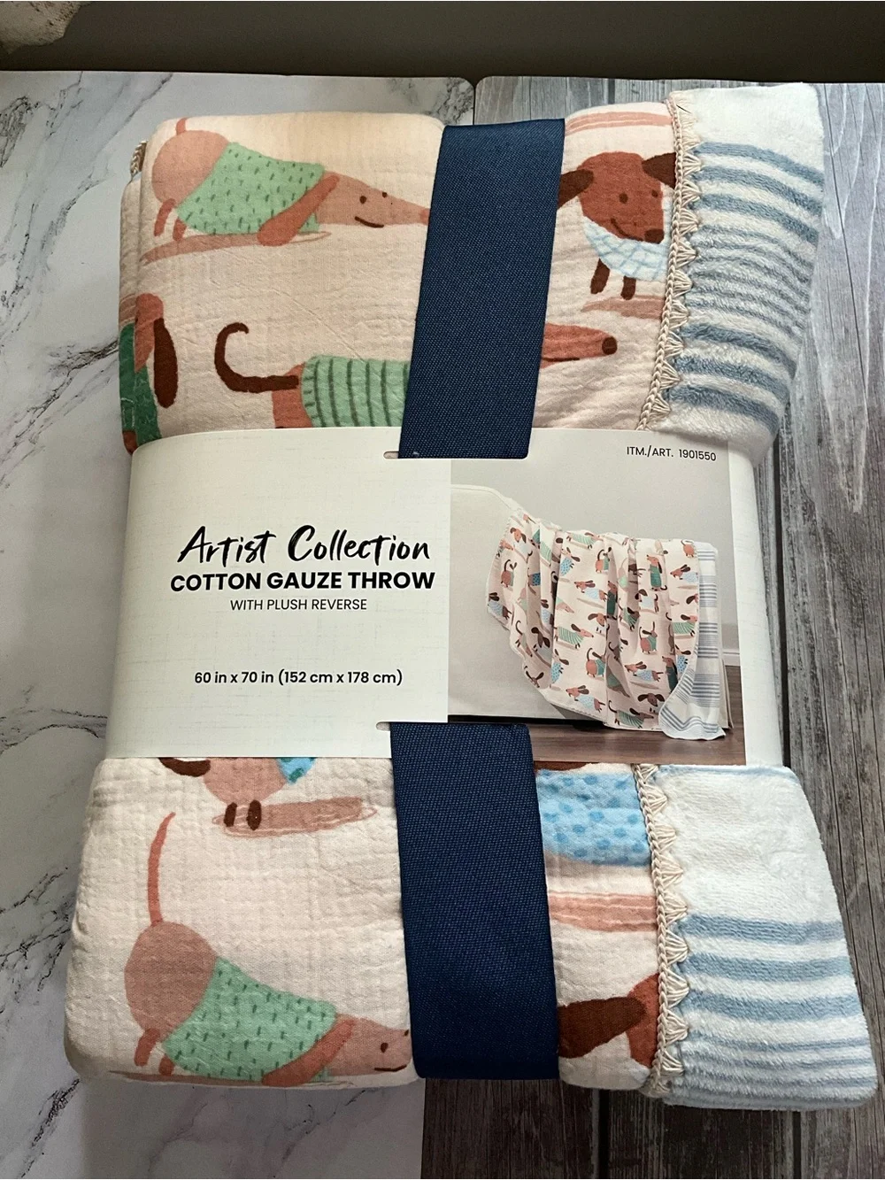 Artist collection cotton gauze throw dog print reverse plush
